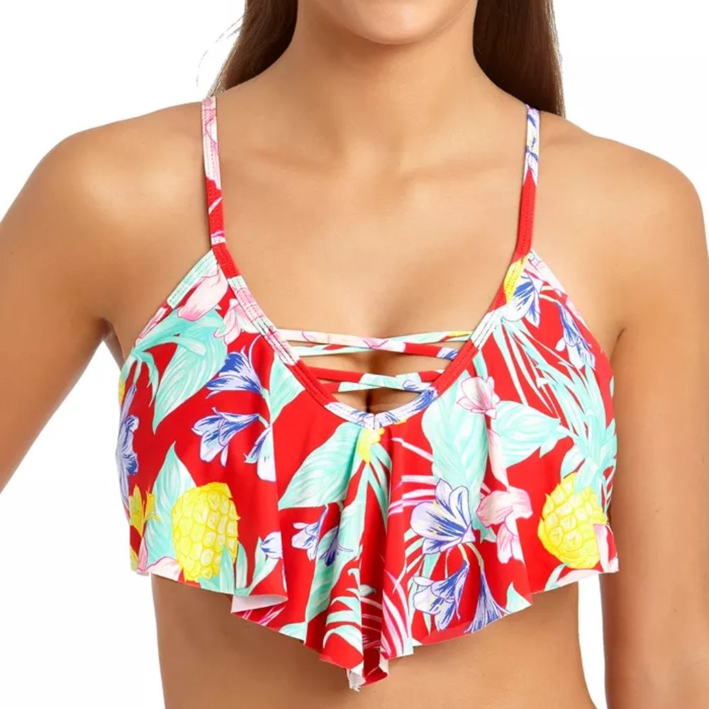 California Waves Tropic Printed Flounce Bikini Top